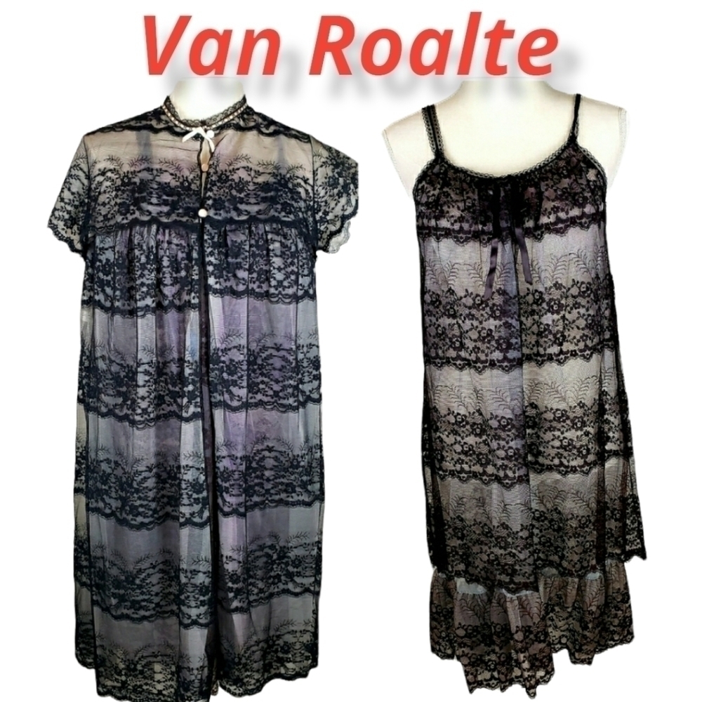 Vintage Van Roalte Radcliffe Lace Negligee Set Nightie and Robe S Black EUC
